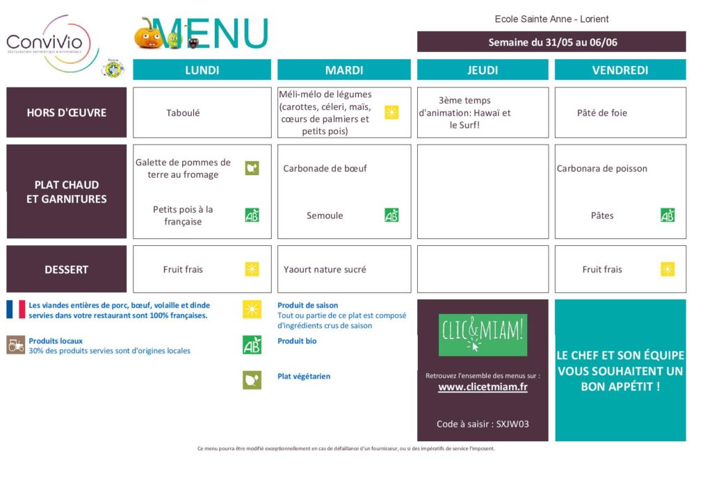 Menu de la cantine Ecole Sainte Anne