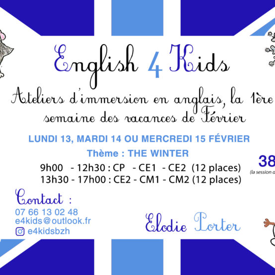 Ateliers d’anglais proposés par English4kids pour les prochaines vacances scolaires